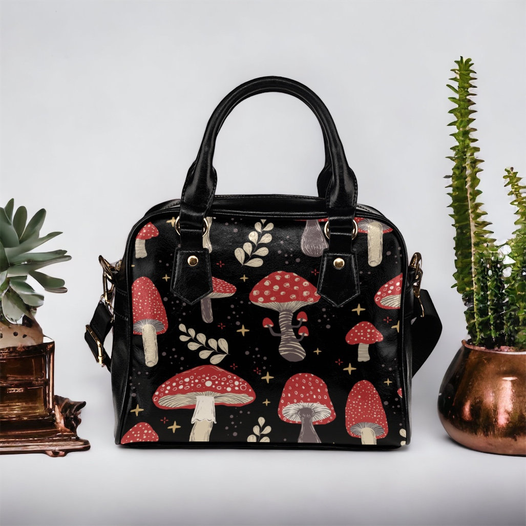 Kawaii Goth Amanita Zauberpilz Bowler Handtasche, Süße Waldhexe Pu Vegan Leder Umhängetasche Mit Riemen, Bowling Geldbörse Handtasche von SenseForest