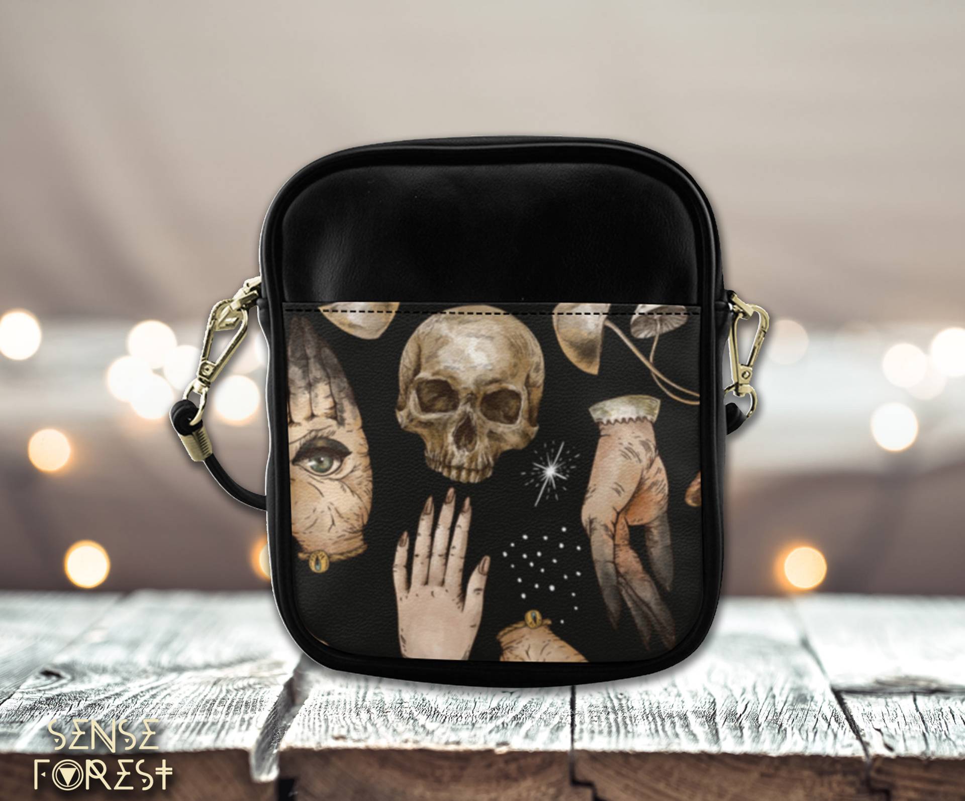 Mini Schwarze Vegan Leder Schultertasche, Hexerei Hände Schädel Kleine Umhängetasche, Süße Pu Goth Handytasche, Hippies Boho Geschenk von SenseForest