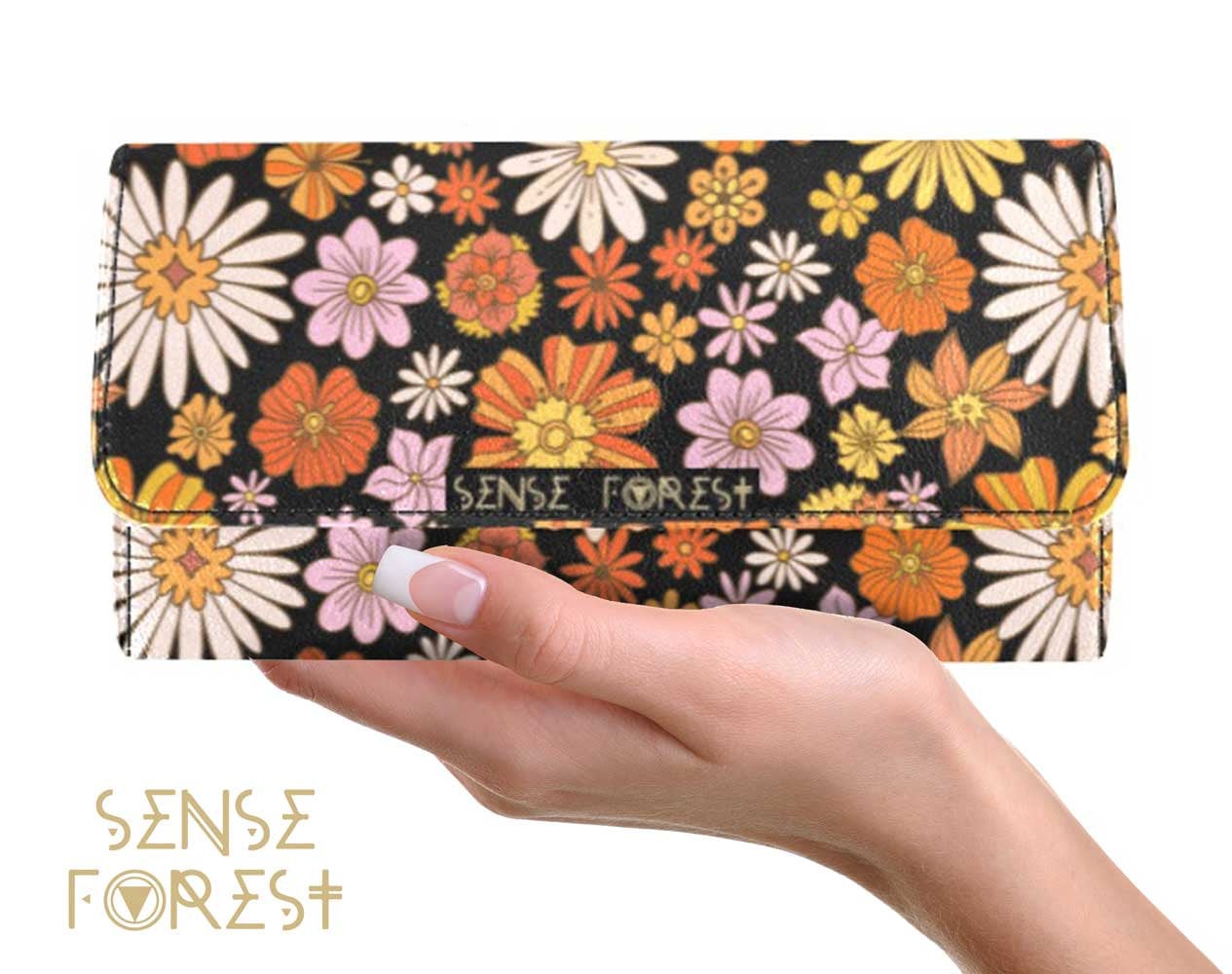 Retro 70Er Jahre Daisy Trifold Brieftasche, Süße Hippies Vegan Leder Y2K Frauen Portemonnaie Lange Kupplung Geldbörse von SenseForest