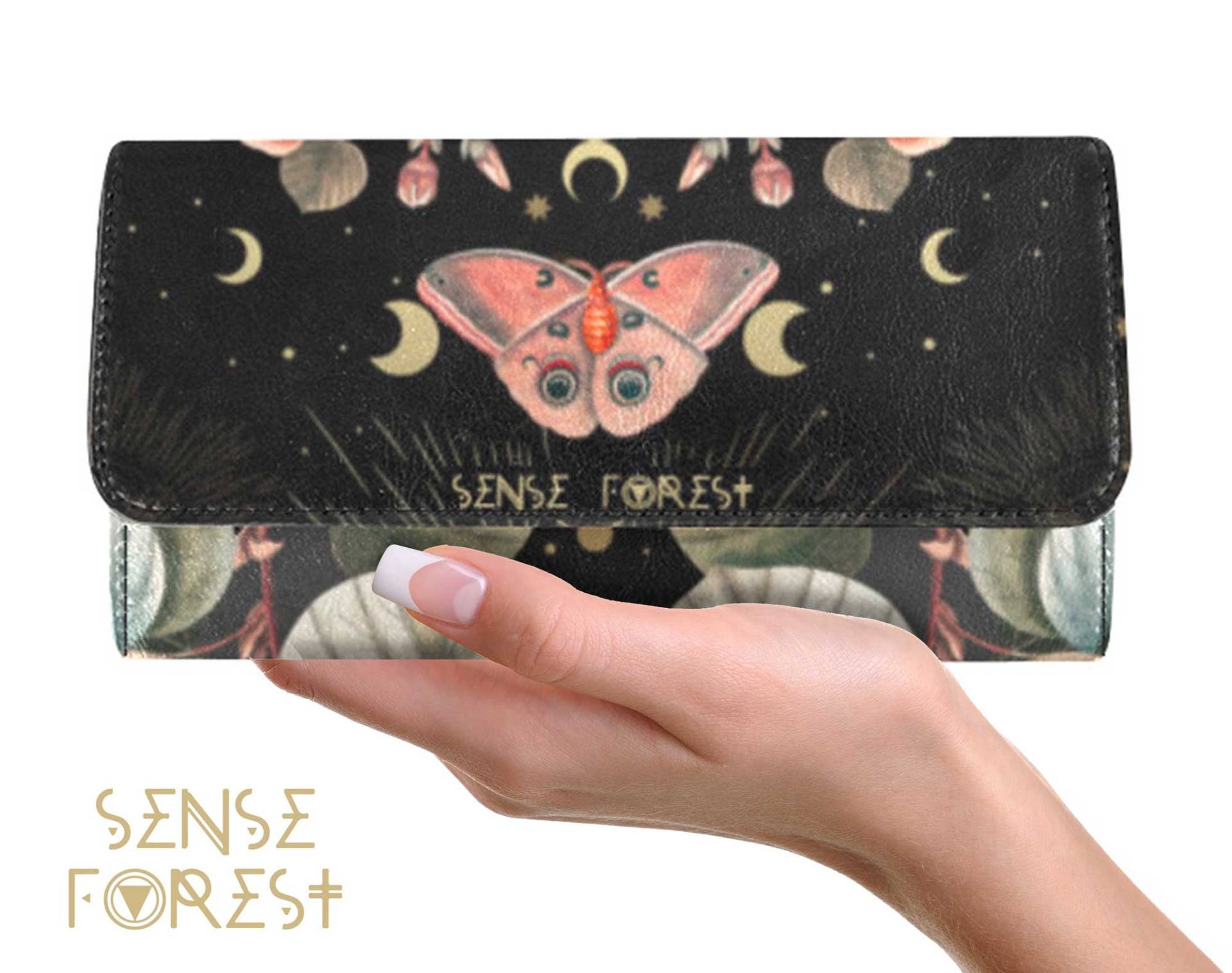 Witchy Moon Phase Moth Dreifache Brieftasche, Boho Schmetterling Vegan Leder Cute Goth Frauen Brieftasche Veranstalter Lange Kupplung Geldbörse von SenseForest