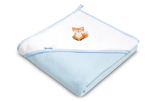 Sensillo Baby-Handtuch mit Kapuze 100x100cm - Weicher und saugfähiger Baby-Bademantel - 95% Baumwolle, 5% Polyester - Absorbiert Feuchtigkeit - Charmantes Design - Blauer Fuchs von Sensillo