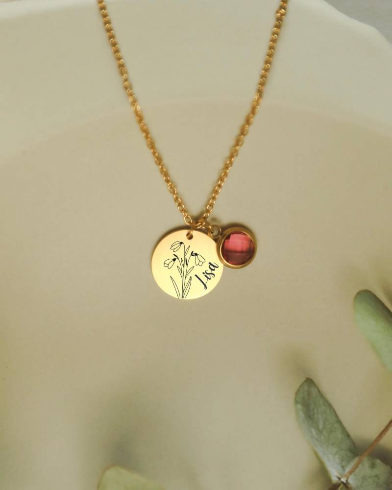 Personalisierte Kette Geburtsblume Mit Geburtsstein - Gravierte Halskette Aus Edelstahl, Weihnachtsgeschenk, Personalisiertes Geschenk von SensoMioDE