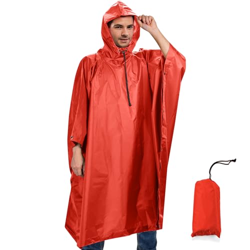 Sensong Regenponcho Wasserdicht Regencape mit Kapuze Multifunktionales Regenmantel Wiederverwendbar Regenkleidung Faltbare Ripstop Damen Herren für Wandern Camping Angeln Täglichen Gebrauch Orange von Sensong