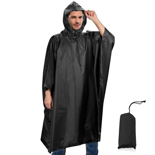 Sensong Regenponcho Wasserdicht Regencape mit Kapuze Multifunktionales Regenmantel Wiederverwendbar Regenkleidung Faltbare Ripstop Damen Herren für Wandern Camping Angeln Täglichen Gebrauch Schwarz von Sensong