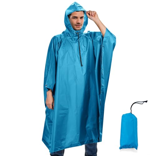 Sensong Regenponcho Wasserdicht Regencape mit Kapuze Multifunktionales Regenmantel Wiederverwendbar Regenkleidung Faltbare Ripstop Damen Herren für Wandern Jagd Camping Angeln Gebrauch Hellblau von Sensong