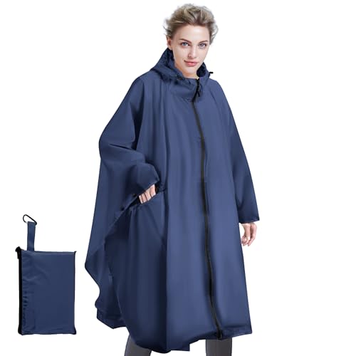 Sensong Regenponcho für Damen, Unisex Regenjacken Regencape, Wasserdicht mit Kapuze und Reißverschluss Wiederverwendbar Regenmantel für Wandern Camping Radfahren Reisen Dunkelblau von Sensong
