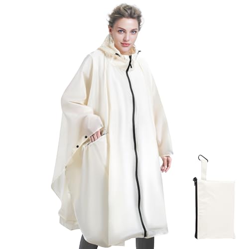 Sensong Regenponcho für Damen, Unisex Regenjacken Regencape, Wasserdicht mit Kapuze und Reißverschluss Wiederverwendbar Regenmantel für Wandern Camping Radfahren Reisen Elfenbeinweiß von Sensong