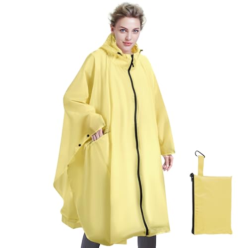 Sensong Regenponcho für Damen, Unisex Regenjacken Regencape, Wasserdicht mit Kapuze und Reißverschluss Wiederverwendbar Regenmantel für Wandern Camping Radfahren Reisen Gänsegelb von Sensong
