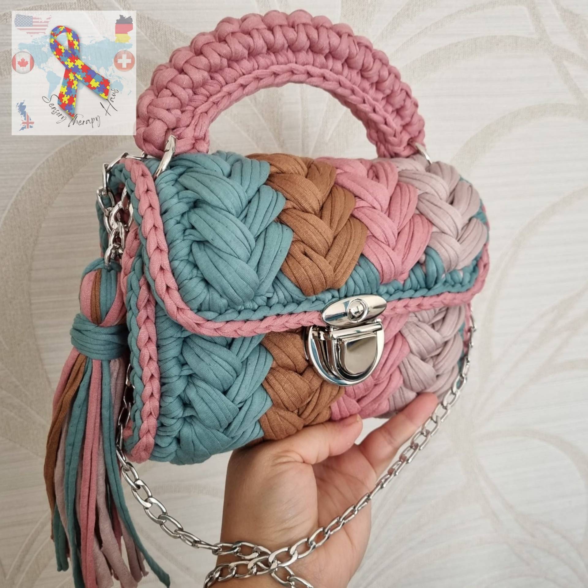 Pastell Multicolor Tasche, Hand Frauen Gehäkelte Bunte Handgemacht, Luxus Handgestrickte Umhängetasche, Geschenk Weihnachten von SensoryTherapyHaus