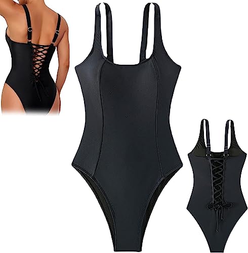 Sentechx Modellierende Korsett-Badeanzüge, schmaler Badeanzug mit Kordelzug im Rücken, sexy, einteiliger Badeanzug mit tiefem U-Ausschnitt für Damen (Schwarz – M) von Sentechx