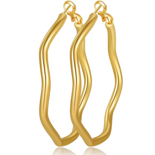 Creolen Gold Groß 14 Karat Vergoldete Creolen Ohrringe Hypoallergenic Welle Creolen Gold Leichte Ohrringe Gold Creolen für Damen von Senteria