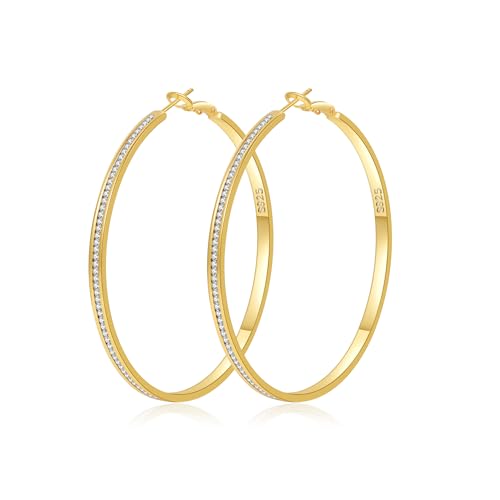 SENTERIA 14K Creolen Gold Damen Hypoallergene Funkelnde Strass Creolen Leichte Ohrringe Gold Groß mit kubischem Zirkonia 70MM von Senteria