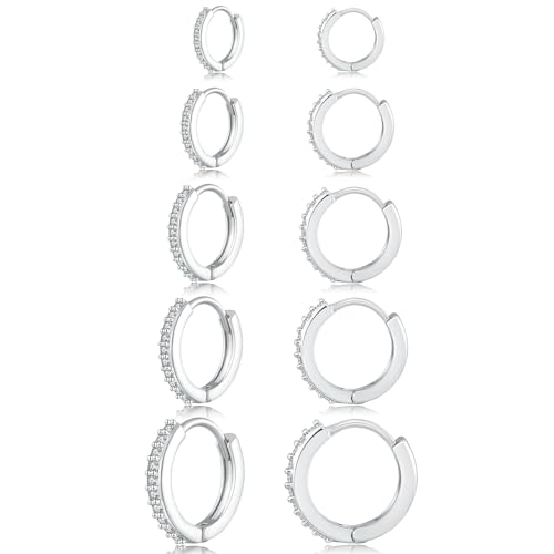 Senteria 5 Paar Kleine Silber Creolen Hypoallergen 925 Silber Creolen Silberne Zirkonia Huggie Creolen Knorpel Schläfer Kleine Creolen Ohrringe für Damen Herren 8/10/12/14/16 mm von Senteria