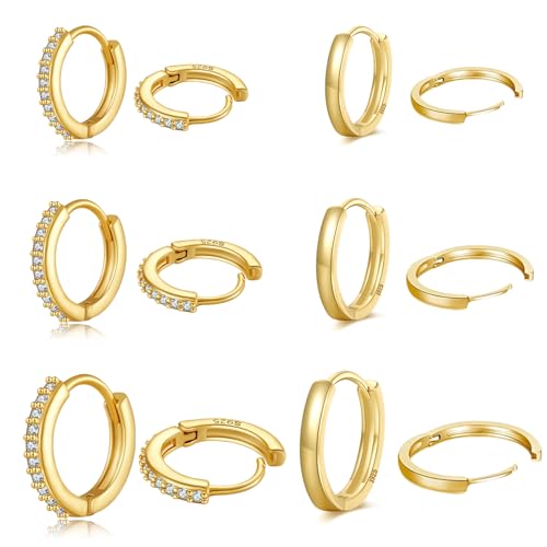 Senteria 6 Paar Kleine Goldene Creolen für Damen 14 Karat Vergoldete Creolen Hypoallergene Zirkonia Huggie Creolen Knorpel Schläfer Kleine Gold Creolen für Damen Herren 8/10/12/14/16 mm von Senteria