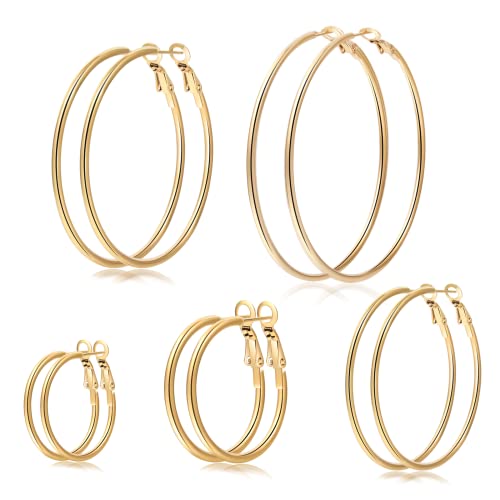 Senteria Groß Creolen Gold für Damen Mädchen 5 Paare Edelstahl Ohrringe Damen Set Dünne Ohrringe Gold Creolen Leicht (30MM 40MM 50MM 60MM 70MM) von Senteria