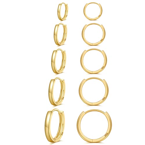 Senteria Kleine Goldene Creolen, 5 Paar 14 Karat Vergoldete Creolen für Damen, Hypoallergene Gold Huggie Creolen Knorpel Schläfer Kleine Gold Creolen für Damen und Herren 8/10/12/14/16 mm von Senteria