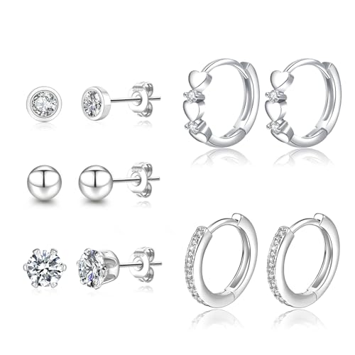 Senteria Ohrstecker Silber 925 5 Paar Silber Ohrringe Creolen für Damen Hypoallergen Cubic Zirkonia Ohrstecker Set Sleeper Knorpel Ohrringe Set für Mehrere Piercings von Senteria