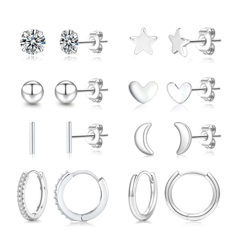 Senteria Ohrstecker Silber 925 5 Paar Silber Ohrringe Creolen für Damen Hypoallergen Cubic Zirkonia Ohrstecker Set Sleeper Knorpel Ohrringe Set für Mehrere Piercings von Senteria