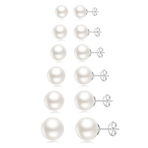 Senteria Perlenohrringe Stecker 6 Paar Sterling Silber Perlen Ohrstecker Set Hypoallergen Kleine Silber Ohrstecker Perlen-Ohrstecker für Damen Mädchen Herren 3/4/5/6/8/10MM von Senteria