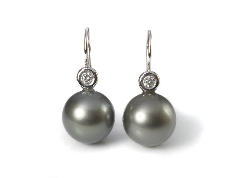 Tahiti-Perlen 13mm Ohrhänger, Recyceltes Weissgold 14Kt Und Diamanten Im Brillantschliff 0.20Ct Wsi von Sentnerjewelry