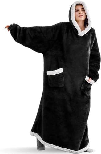 Seogva Extra lange tragbare Decke Hoodie, übergroße Decke Sweatshirt für Damen und Herren, super warme und gemütliche riesige Kapuzendecke, dicke Flanelldecke mit Ärmeln und riesiger Tasche, Schwarz von Seogva