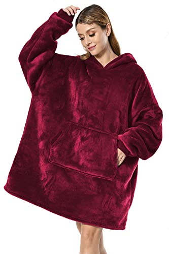 Seogva Übergroße Sherpa Hoodie, tragbare Hoodie Sweatshirt Decke, super weiche warme bequeme Decke Hoodie, Einheitsgröße, Männer, Frauen, Mädchen, Jungen, Freunde, weinrot, One size von Seogva