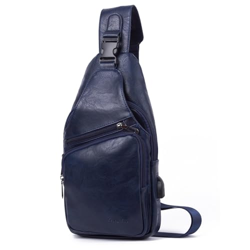 Herren Leder Sling Bag Geldbörse Wasserdicht Crossbody Brusttasche Sling Rucksack mit USB Ladeanschluss One Shoulder Bag, blau, One_Size, Reisen von Seoky Rop