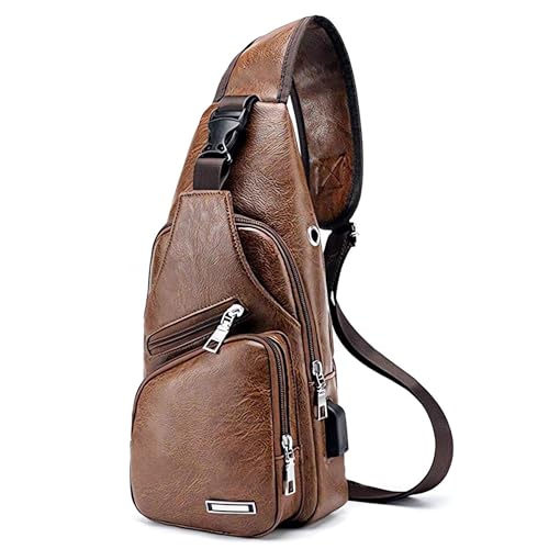 Seoky Rop Herren-Schultertasche, klein, Leder, Ungleichgewicht, Brust, Schultertasche, Crossbody-Tasche mit USB-Ladeanschluss, braun, One_Size, Klassisch von Seoky Rop