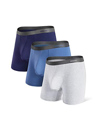 Separatec Herren Boxershorts Glattes Bambus-Rayon mit separaten Beuteln Unterwäsche Boxershorts Stilvolle Badehose, 3er-Pack,XL,Lange Beine: Dunkelblau+ Graublau+ Hellgrau von Separatec