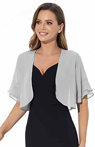 Damen Bolero-Cardigan aus weichem Chiffon, vorne offen, durchsichtig, 3/4-Ärmel, für Abendkleid, silber, Groß von Sepsap