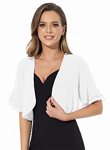 Damen-Bolero-Strickjacke aus weichem Chiffon, vorne offen, durchscheinend, 3/4-Ärmel, für Abendkleid, Weiss/opulenter Garten, Groß von Sepsap