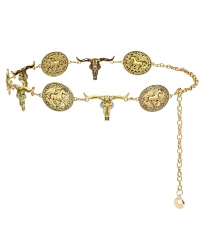SeptCity Western-Metall-Concho-Gürtel für Frauen, goldener ovaler Metallgürtel mit Bullhead Cowgirl-Kette, Gürtel von Kleid und Jeans für Ehefrau, Mutter und Tochter, modisches Geschenk für Geburtstag von SeptCity