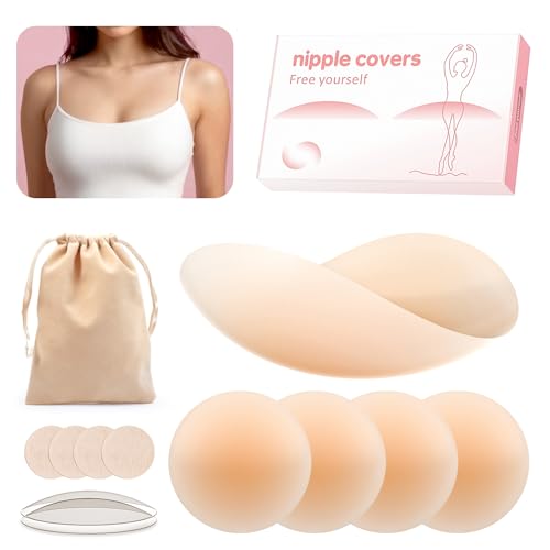 Septeamay 4 Stück Premium Nippelpads, Selbstklebende Nipple Cover für Damen, Dünne Selbstklebende Nipple Pads [8cm] Waschbar & Wiederverwendbar, Hypoallergenic Brustwarzenschutz Silikon mit Tasche von Septeamay