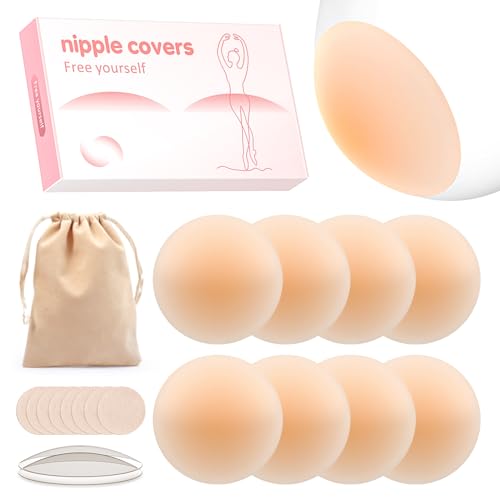 Septeamay Premium Nippelpads, Selbstklebende Nipple Cover für Damen, Dünne Selbstklebende Nipple Pads [8cm] Waschbar & Wiederverwendbar, Hypoallergenic Brustwarzenschutz Silikon mit Tasche - 8 Stück von Septeamay