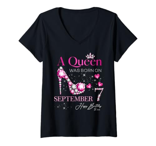 Damen Eine Königin wurde am 7. September geboren 7. September Geburtstag T-Shirt mit V-Ausschnitt Damen Eine Königin wurde am 7. September geboren 7. September Geburtstag T-Shirt mit V-Ausschnitt von September Birthday High Heels Queens Birthday