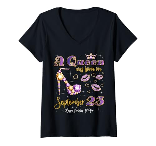 Damen Eine Königin wurde am 23. September geboren 23. September Geburtstag T-Shirt mit V-Ausschnitt von September Birthday Queens Purple High Heels