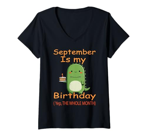 Damen September Geburtstag Dinosaurier mit Kuchen Lustiger Geburtstag T-Shirt mit V-Ausschnitt von September Dinosaur Birthday Cake