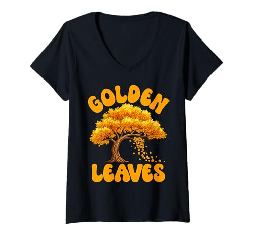 Damen September - Goldene Blätter T-Shirt mit V-Ausschnitt von September Mood Apparel