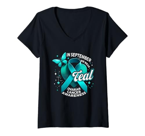 Damen Im September tragen wir blaugrüne Eierstockkrebs-Bewusstseins-Schmetterlinge T-Shirt mit V-Ausschnitt Damen Im September tragen wir blaugrüne Eierstockkrebs-Bewusstseins-Schmetterlinge T-Shirt mit V-Ausschnitt von September Wear Teal Ovarian Cancer Awareness