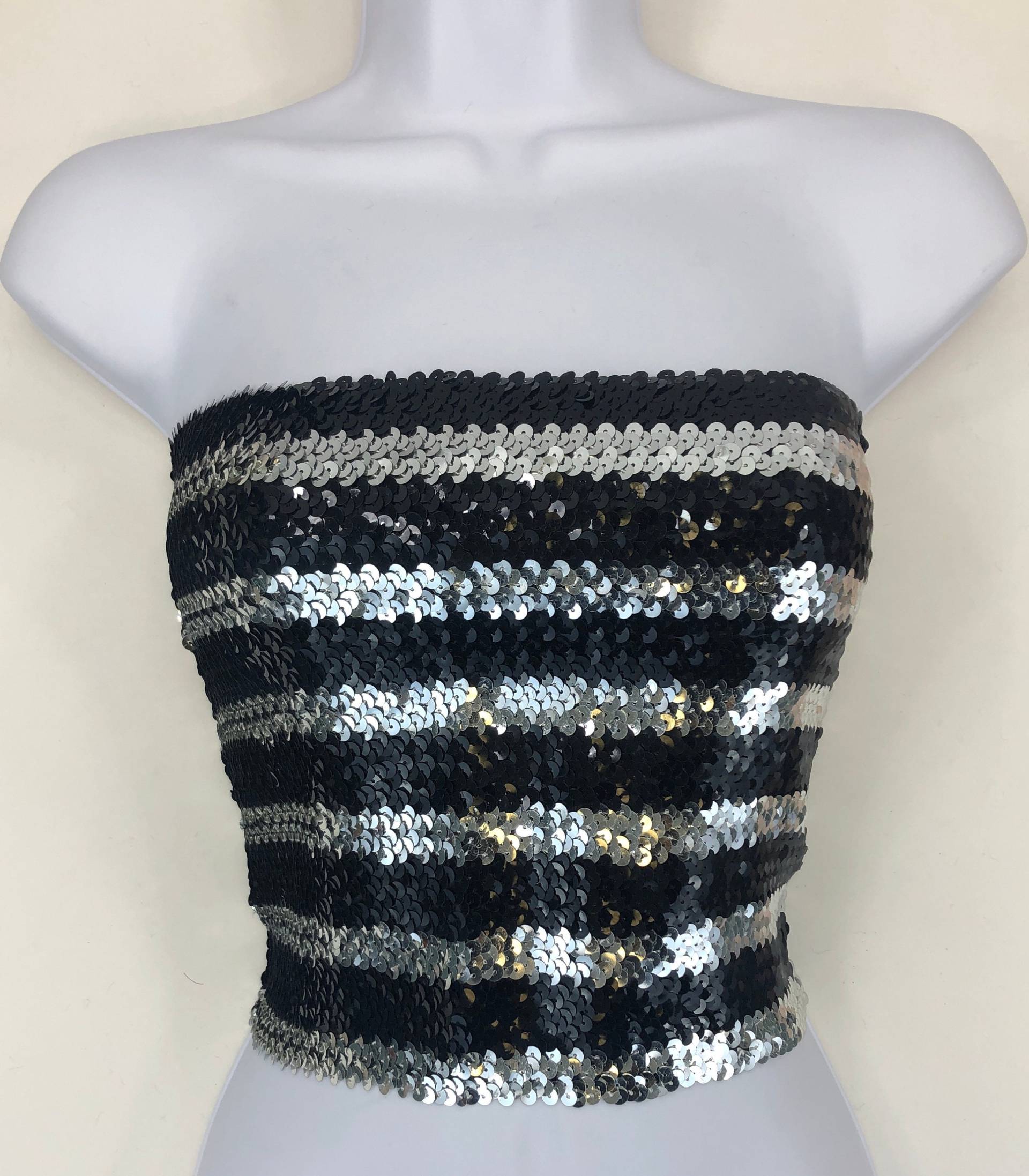 Schwarz Und Silber Gestreifte Pailletten Trägerlos Tube Top von SequinKing