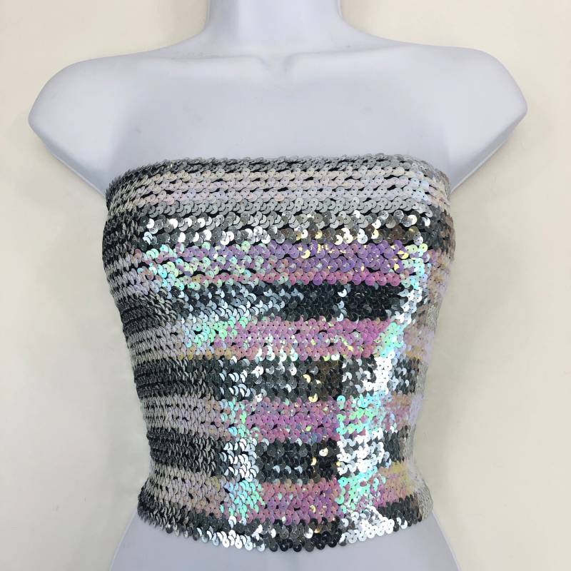 Silber Und Opal Pink Gestreifte Pailletten Trägerloses Schlauch Top Silber Und Opal Pink Gestreifte Pailletten Trägerloses Schlauch Top von SequinKing