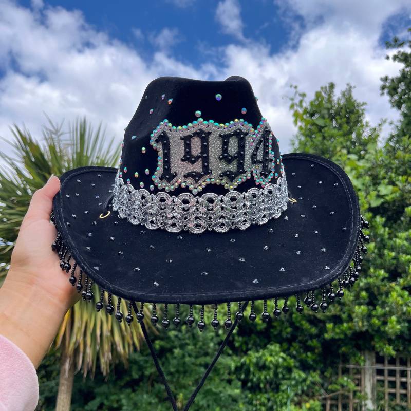 Personalisierter Strass Cowboy Hut Schwarzer Bachelorette Festival Hut von SequinSouls