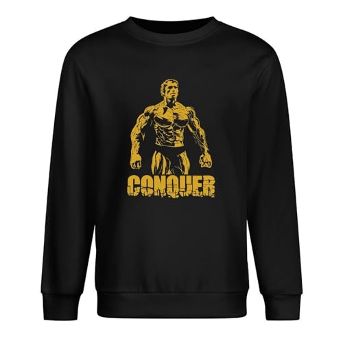 Conquer Shirt Arnold st Schwarzenegger Workout Muscle Men's Long Sleeve Crewneck 100% Cotton Pullover Sweatshirts Black XL von Será