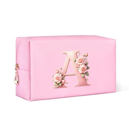 Personalisierte Make Up Tasche, A-Z Klein Kosmetiktasche Damen, Geburtstagsgeschenk für Frauen, Rosa Leder Kulturtasche Damen mit Blume, Geschenke für Mutter (A) von Serapha.Silk