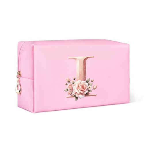 Personalisierte Make Up Tasche, A-Z Klein Kosmetiktasche Damen, Geburtstagsgeschenk für Frauen, Rosa Leder Kulturtasche Damen mit Blume, Geschenke für Mutter (I) von Serapha.Silk