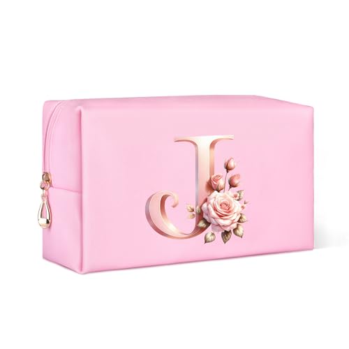 Personalisierte Make Up Tasche, A-Z Klein Kosmetiktasche Damen, Geburtstagsgeschenk für Frauen, Rosa Leder Kulturtasche Damen mit Blume, Geschenke für Mutter (J) von Serapha.Silk