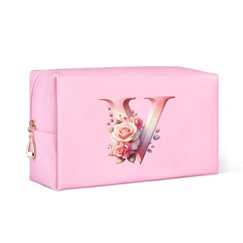 Personalisierte Make Up Tasche, A-Z Klein Kosmetiktasche Damen, Geburtstagsgeschenk für Frauen, Rosa Leder Kulturtasche Damen mit Blume, Geschenke für Mutter (V) von Serapha.Silk