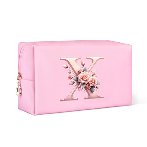 Personalisierte Make Up Tasche, A-Z Klein Kosmetiktasche Damen, Geburtstagsgeschenk für Frauen, Rosa Leder Kulturtasche Damen mit Blume, Geschenke für Mutter (X) von Serapha.Silk