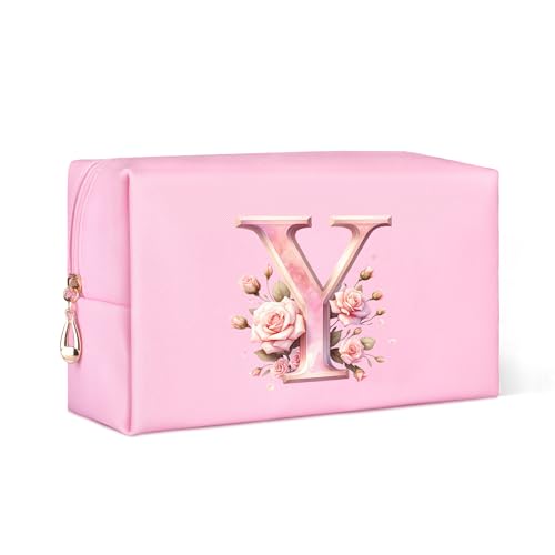 Personalisierte Make Up Tasche, A-Z Klein Kosmetiktasche Damen, Geburtstagsgeschenk für Frauen, Rosa Leder Kulturtasche Damen mit Blume, Geschenke für Mutter (Y) von Serapha.Silk