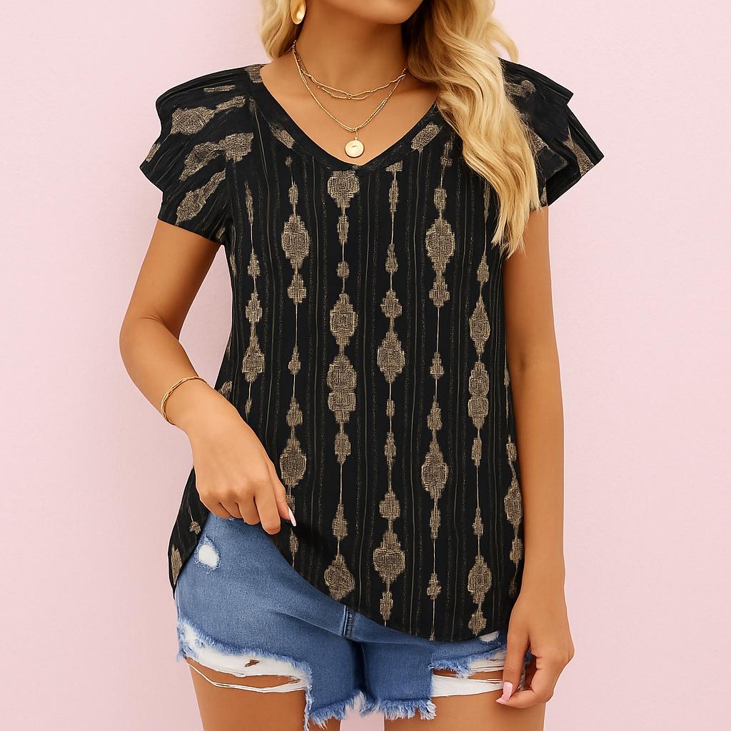 Boho V-Ausschnitt Bluse Für Frauen, Schwarz Gold Muster Flatterärmel Top, Elegantes Freizeithemd Arbeit Oder Party Outfit von SeraphinaWear